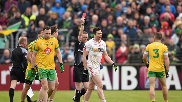 Tyrone captain Sean Cavanagh is given his marching orders by referee Joe McQuillan