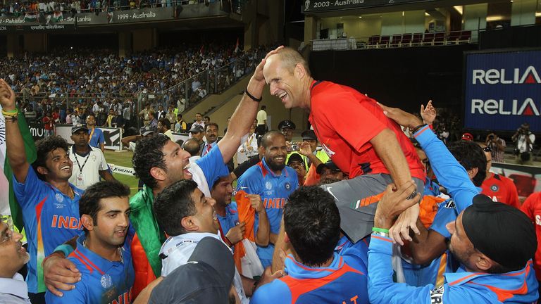 MUMBAI, INDIA - APRIL 02:  Gary Kirsten coach of India celebrates with his team after the 2011 ICC World Cup Final between India and Sri Lanka at Wankhede 