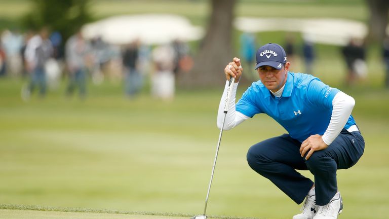 Gary Woodland lines up a putt on the 16th hole during round four of the WGC-Cadillac Match Play