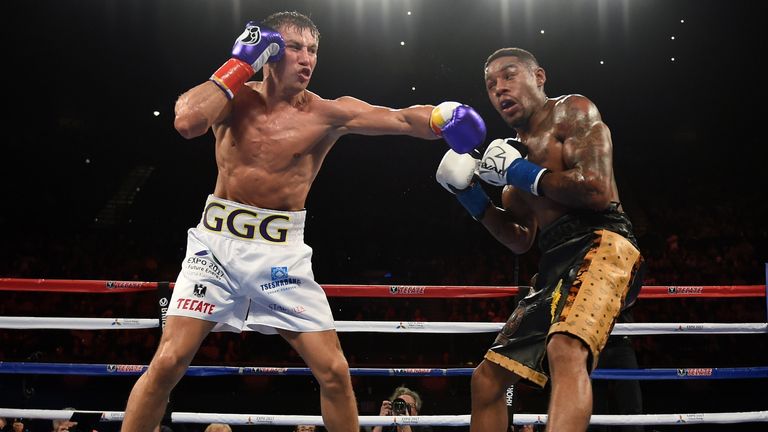 Gennady Golovkin lands a left hook on challenger Willie Monroe Jr in the second round