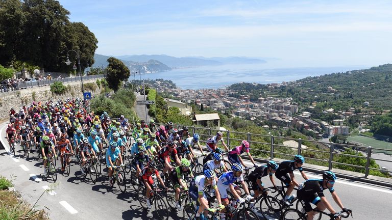 The peloton leaves Rapallo on stage three of the 2015 Tour of Italy