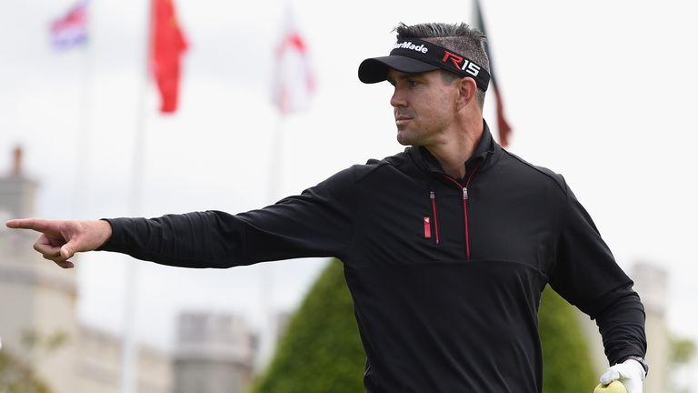 VIRGINIA WATER, ENGLAND - MAY 20: Cricketer Kevin Pietersen makes his point during the Pro-Am ahead of the BMW PGA Championship at Wentworth on May 20, 201