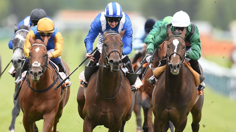 Adaay (centre) ridden by Paul Hanagan wins the 888sport Sandy Lane Stakes at Haydock