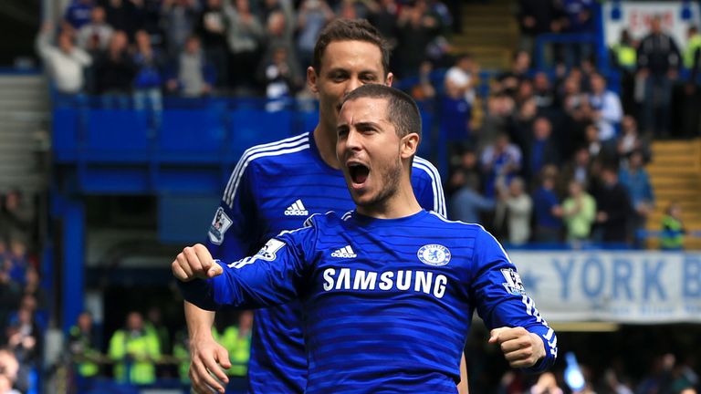 Chelsea's Eden Hazard celebrates after missing his penalty but scoring with the rebound header during the Barclays Premier League match at Stamford Bridge,