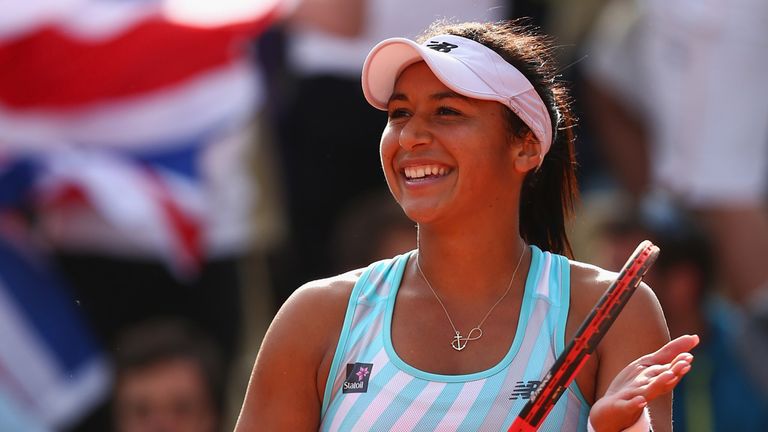 Heather Watson celebrates her hard-earned win in the first round of the French Open