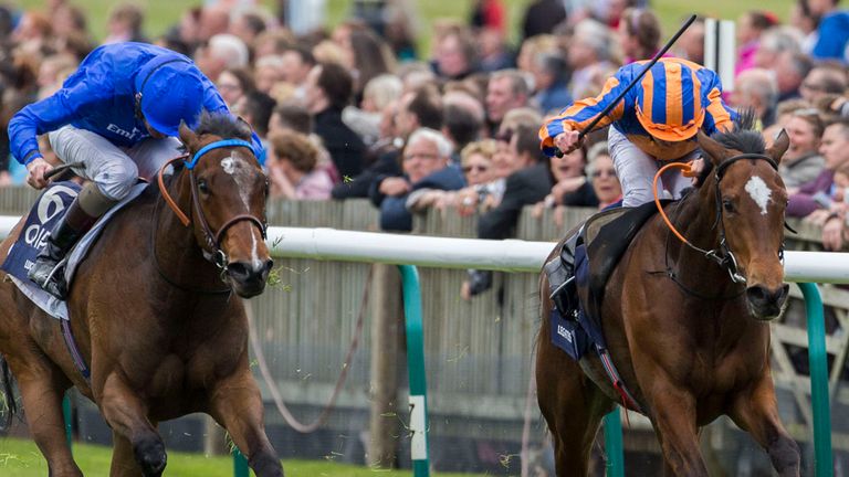 Legatissimo ridden by Ryan Moor (right) gets the better of Lucida ridden by Kevin Manning before going on to win the QIPCO 1000 Guineas Stakes Race run dur