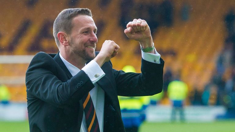 Motherwell manager Ian Baraclough celebrates after his side's win against Rangers in the SPFL Premiership play-off final
