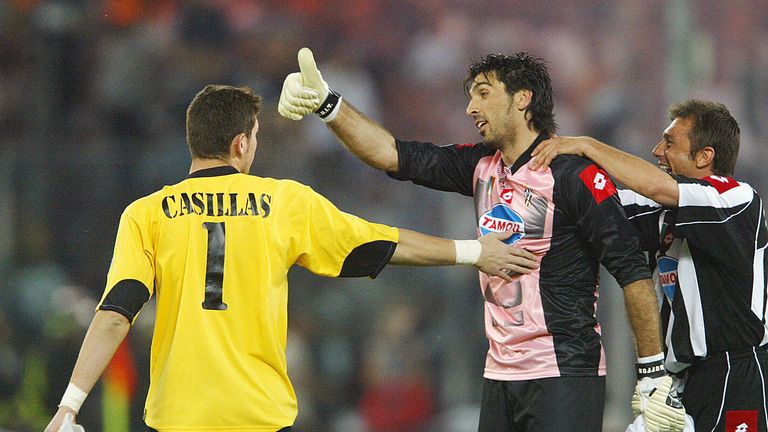 Real Madrid goalkeeper Iker Casillas congratulates Juventus goalkeeper Gianluigi Buffon after winning the Champions League semi-final second leg in 2003