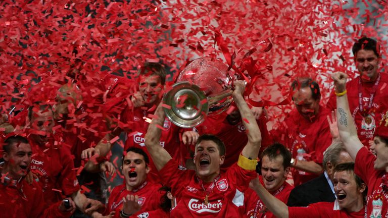 Gerrard lifts the European Cup after Liverpool beat Milan on penalties