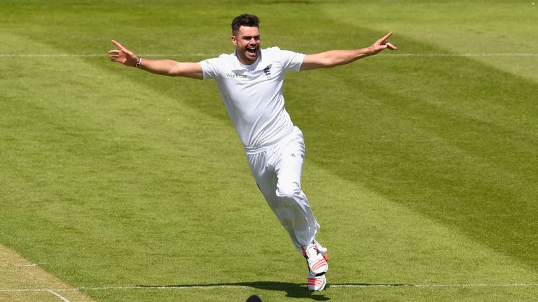 James Anderson of England celebrates after dismissing New Zealand batsman Kane Williamson to claim his 401st test match wicket 