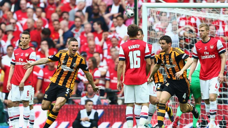James Chester of Hull City (5) celebrates as he scores their first goal during the FA Cup with Budweiser Final match between Ars
