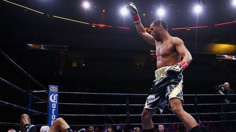 James DeGale celebrates after knocking down Andre Dirrell