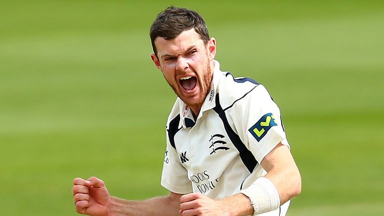 James Harris of Middlesex celebrates after getting the wicket of Paul Coughlin of Durham