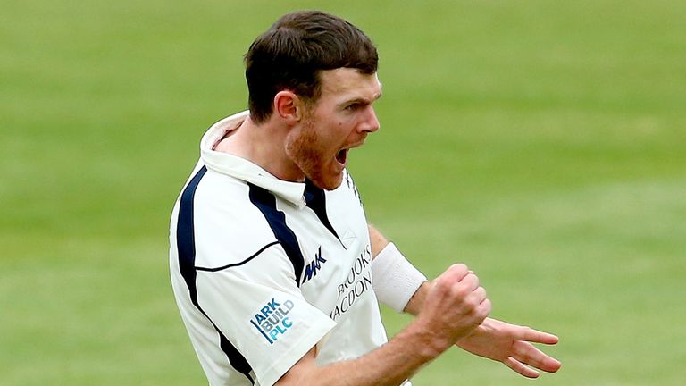 James Harris of Middlesex celebrates getting the wicket of Mark Stoneman of Durham
