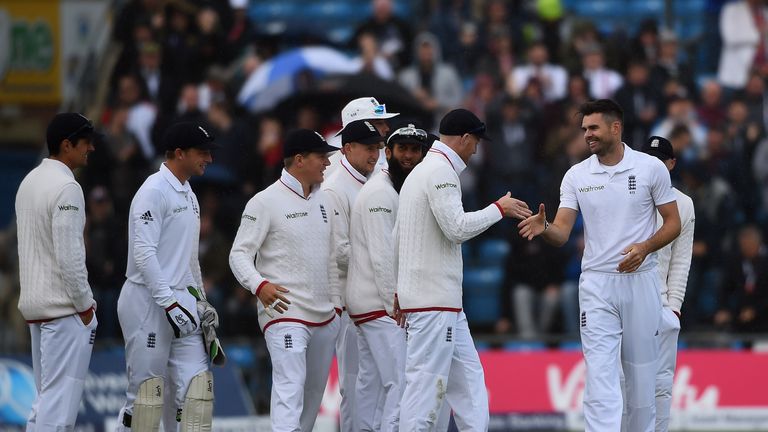 James Anderson of England is congratulated on 400th Test wicket - Martin Guptill of New Zealand - during day one of the second Test at Headingley