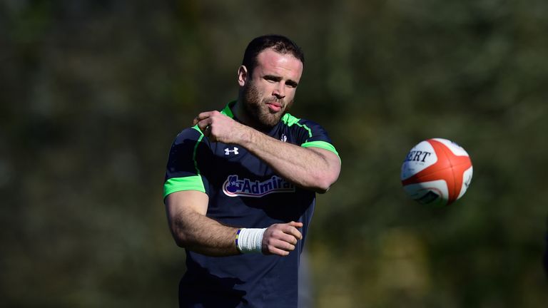 Wales centre Jamie Roberts in action during Wales open training in March 2015