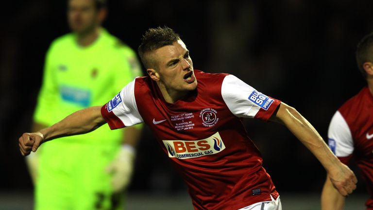 Jamie Vardy of Fleetwood Town celebrates after scoring his goal during the FA Cup third round match against Blackpool in January 2012