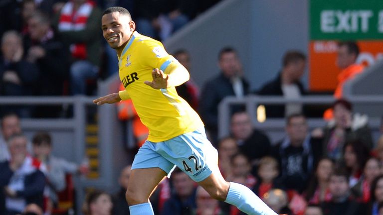 Crystal Palace midfielder Jason Puncheon celebrates after scoring against Liverpool