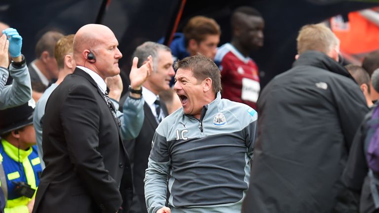 John Carver manager of Newcastle United reacts during the Barclays Premier League match between Newcastle United and West Ham