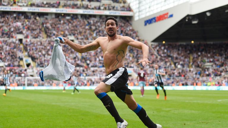 Jonas Gutierrez of Newcastle United celebrates scoring his team's second goal during the Premier League match between Newcastle United and West Ham United