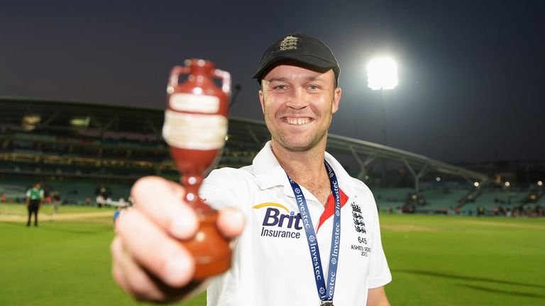 Jonathan Trott poses with the Ashes urn
