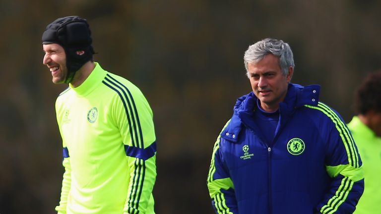 Jose Mourinho and goalkeeper Petr Cech during a Chelsea training session