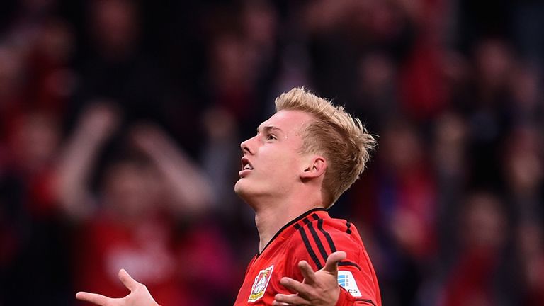 LEVERKUSEN, GERMANY - MAY 02:  Julian Brandt of Bayer Leverkusen celebrates as he scores the second goal 