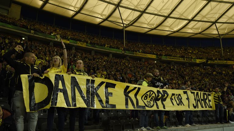 Dortmund's fans thank departing manager Klopp with a banner reading 'Thanks Klopp for seven years'