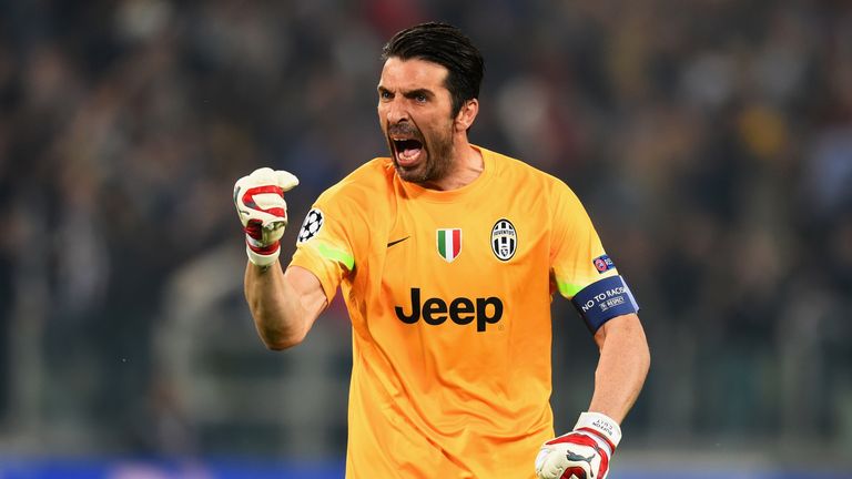 Gianluigi Buffon of Juventus celebrates as Alvaro Morata of Juventus scores their first goal 