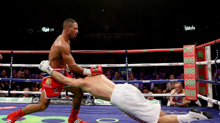 SHEFFIELD, ENGLAND - OCTOBER 26:  Kell Brook (L) knocks out Vyacheslav Senchenko during their Final Eliminator for the IBF World Welterweight Championship 