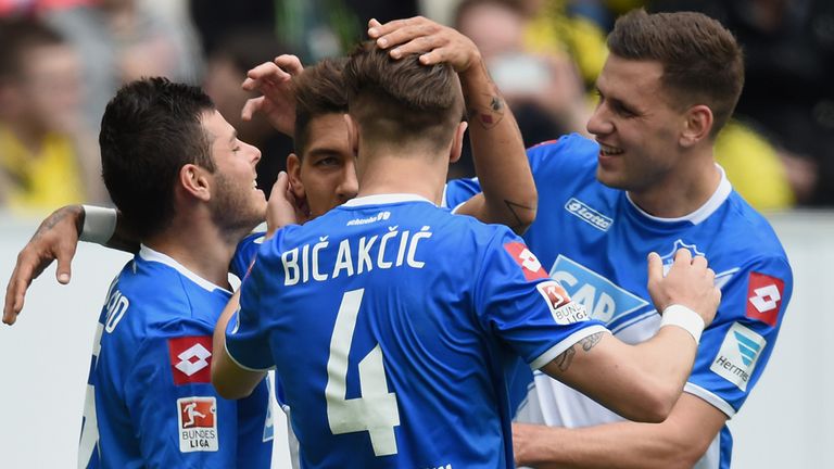 SINSHEIM, GERMANY - MAY 02:  Kevin Volland of Hoffenheim celebrates with his team-mates after scoring 