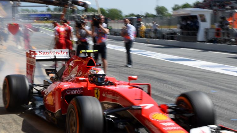 Ferrari's Finnish driver Kimi Raikkonen leaves the pits during the third practice session at the Circuit de 