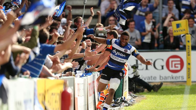 Kyle Eastmond of Bath celebrates after scoring his team's third try of the game