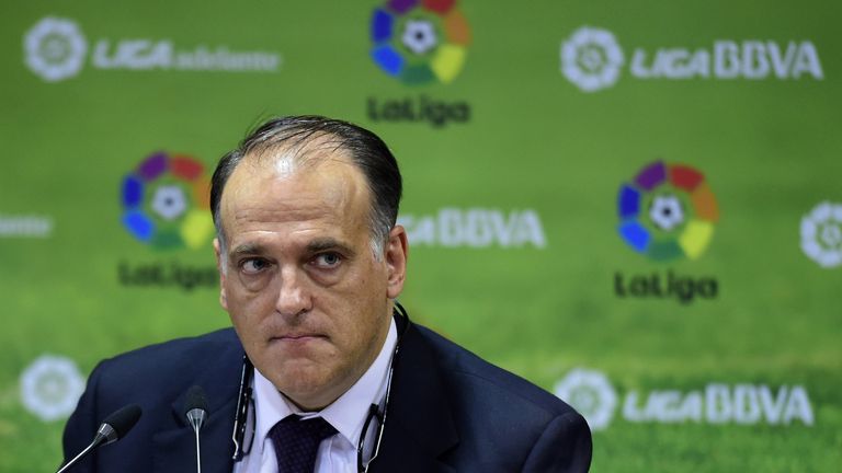 President of the Spanish professional football league Javier Tebas looks on as he gives a press conference at Spanish Liga headquarters in Madrid
