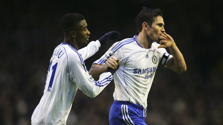 LIVERPOOL, UNITED KINGDOM - DECEMBER 17:  Frank Lampard of Chelsea celebrates scoring his team's second goal with team mate Salomon Kalou during the Barcla