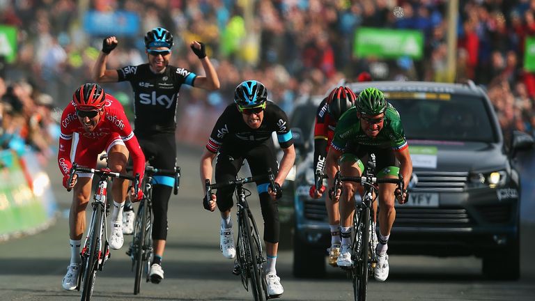 Lars-Petter Nordhaug (c) of Norway and Team SKY sprints for the finish line on his way to winning stage one of the Tour de Yorkshire