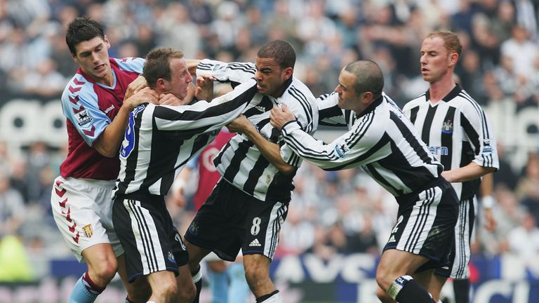 Lee Bowyer and Kieron Dyer: Newcastle midfielders clashed during their home defeat to Aston Villa in 2005