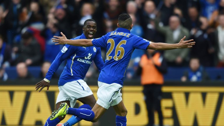 Riyad Mahrez celebrates after putting Leicester in front at home to Southampton