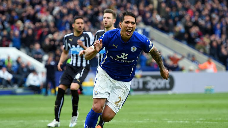 Leicester City's Leonardo Ulloa scores his second of the game to make it 3-0 from the penalty spot