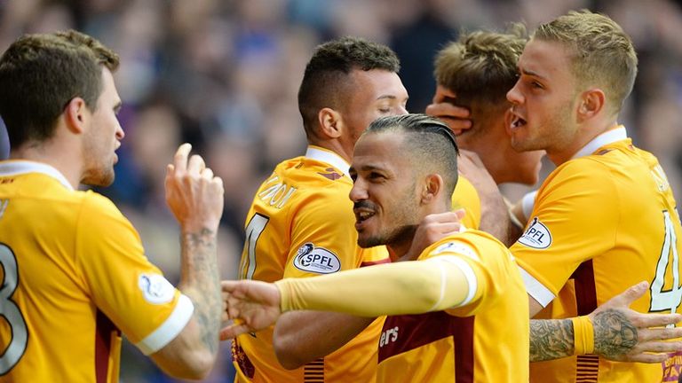 Motherwell's Lionel Ainsworth celebrates his goal with his team-mates.