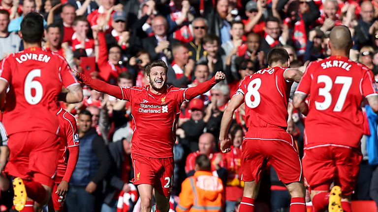 Liverpool's Adam Lallana celebrates after putting his side 1-0 up against Crystal Palace