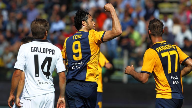 Luca Toni of Hellas Verona FC celebrates his second goal during the Serie A match between Parma FC and Hellas Verona FC