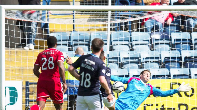 Dundee striker Luka Tankulic lifts the ball over Scott Brown of Aberdeen