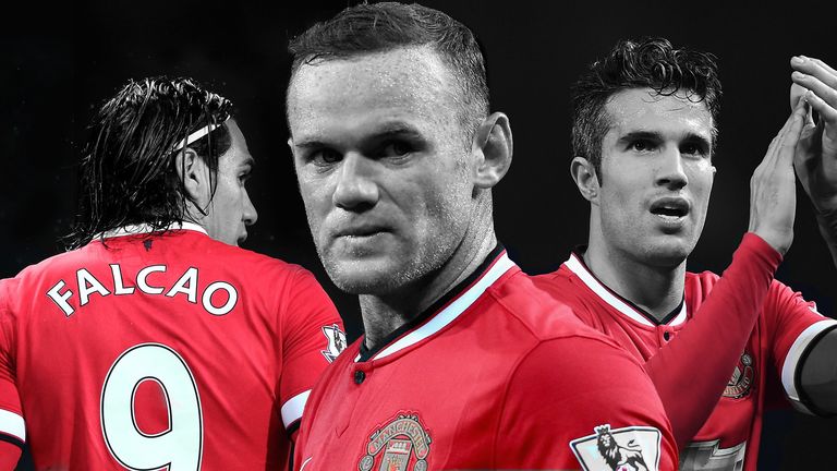 Manchester United strikers Radamel Falcao, Wayne Rooney and Robin van Persie