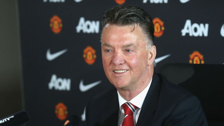 Louis van Gaal of Manchester United speaks during a press conference at Aon Training Complex on May 1, 2015 in Manchester, England.