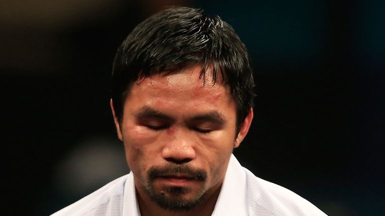 LAS VEGAS, NV - MAY 02:  Manny Pacquiao answers questions during the post-fight news conference after losing to Floyd Mayweather Jr. in their welterweight 