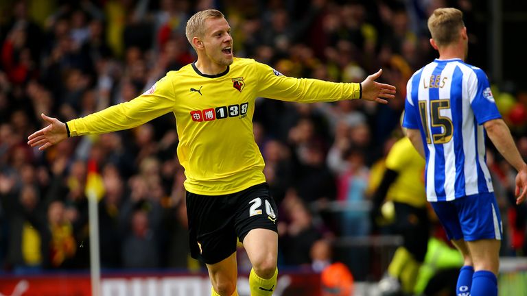 Matej Vydra of Watford celebrates after opening the scoring against Sheffield Wednesday
