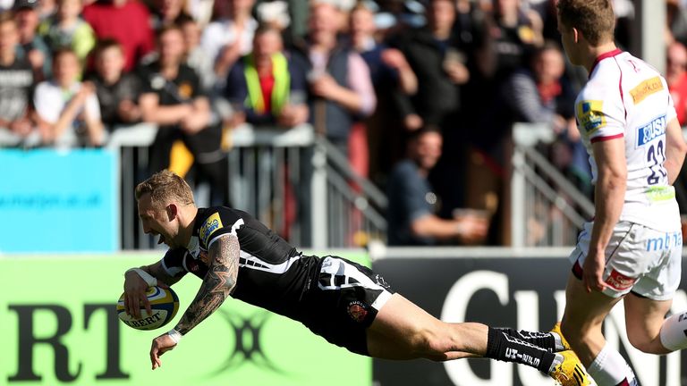   Max Bodilly of Exeter dives over to score a try during the Aviva Premiership match between Exeter Chiefs and Sale Sharks