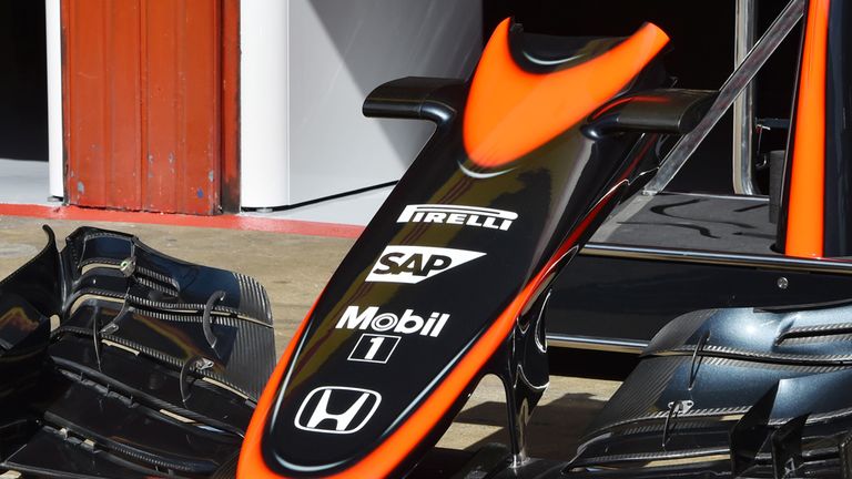 McLaren MP4-30 front wing detail in the Barcelona paddock ahead of this weekend's Spanish GP