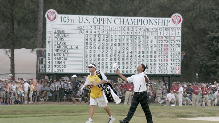 Michael Campbell walks up the 18th fairway during the final round of the 2005 U.S. Open Golf Championship at Pinehurst Resort course.